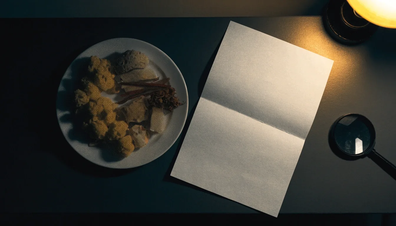 Editorial bench seen from above with a screened ingredient plate, folded blank sheet and lens