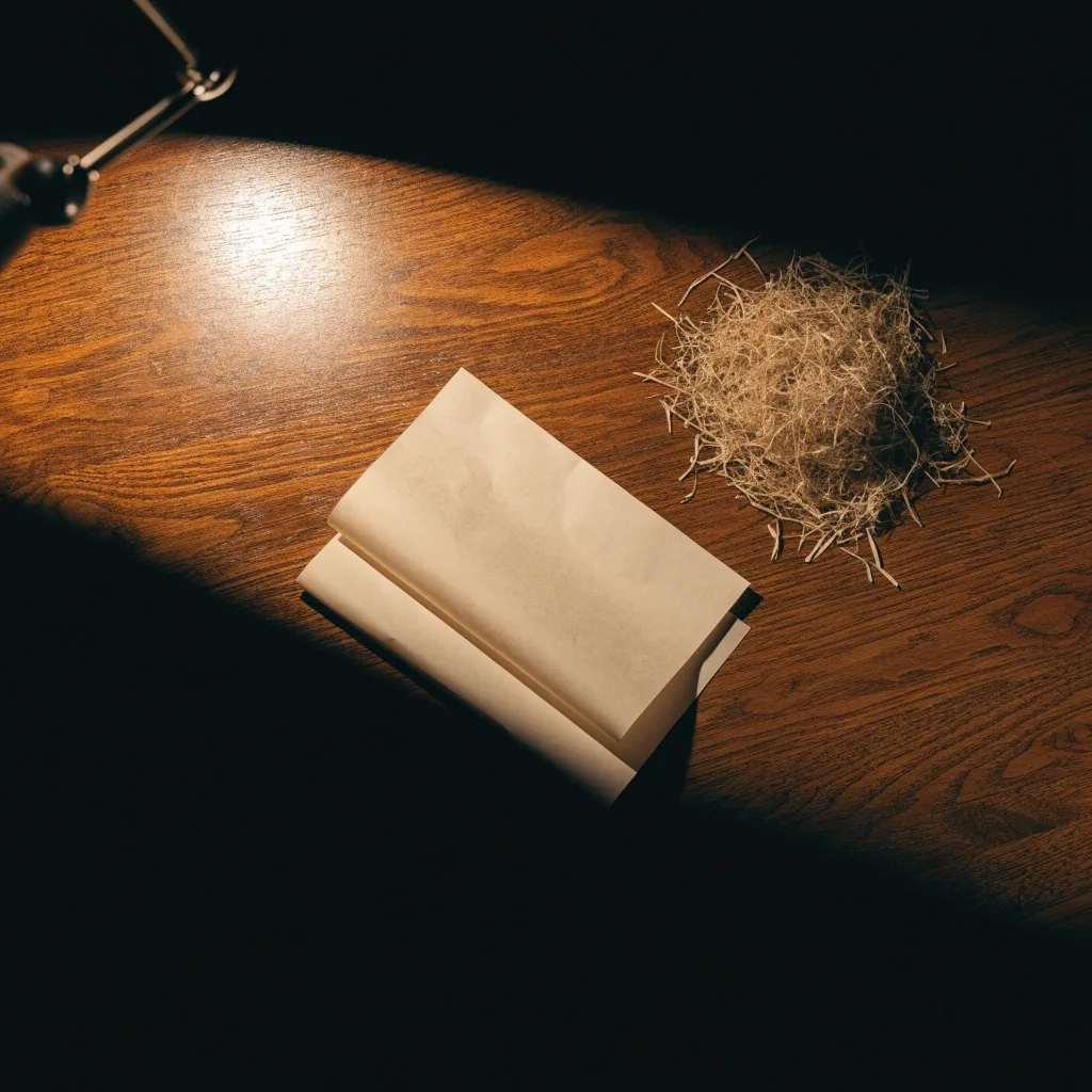 Folded blank sheet on a dark table beside dried herb shavings under a warm lamp