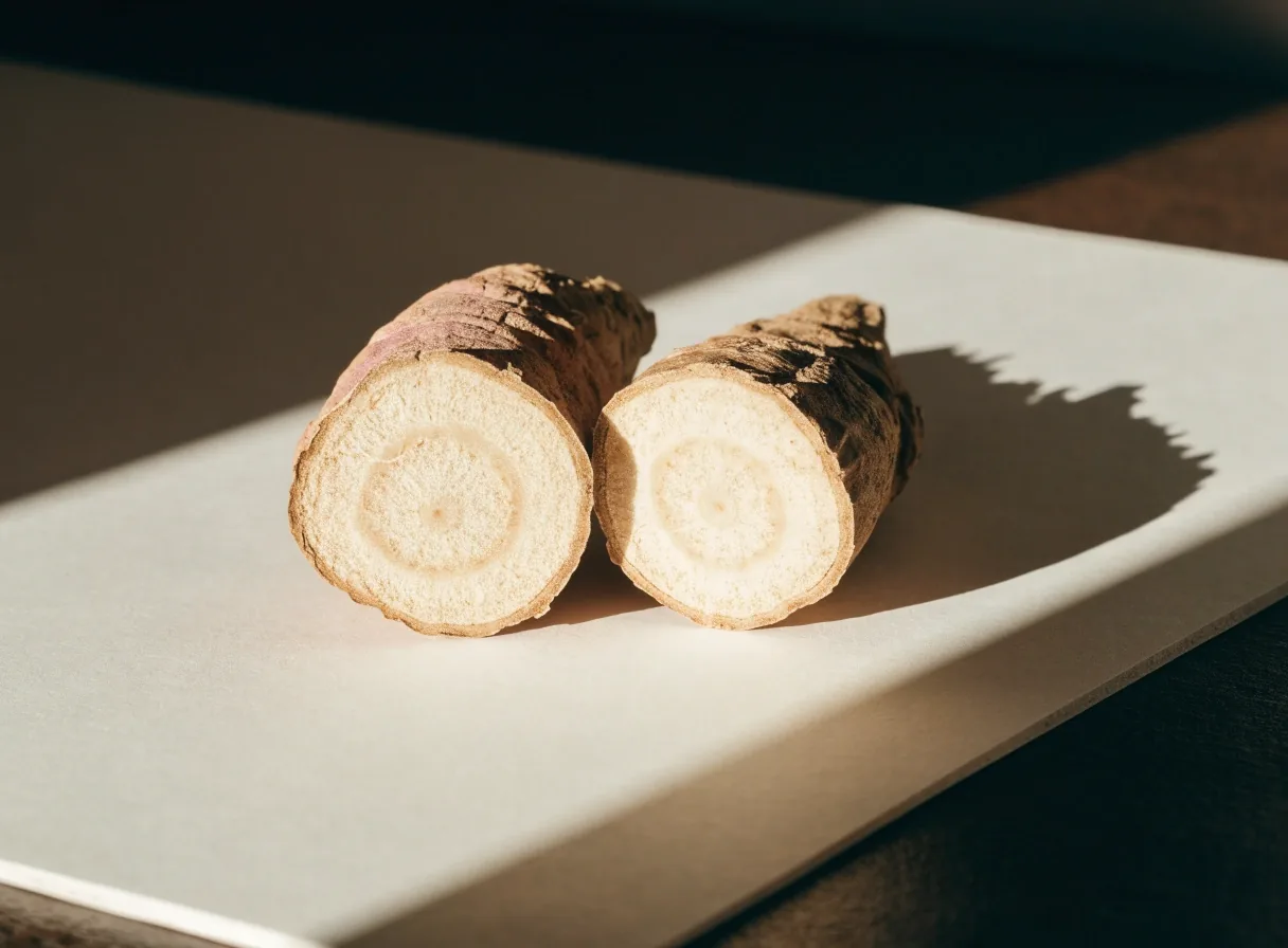 Halved dried ginseng root on cream paper under one hard side light