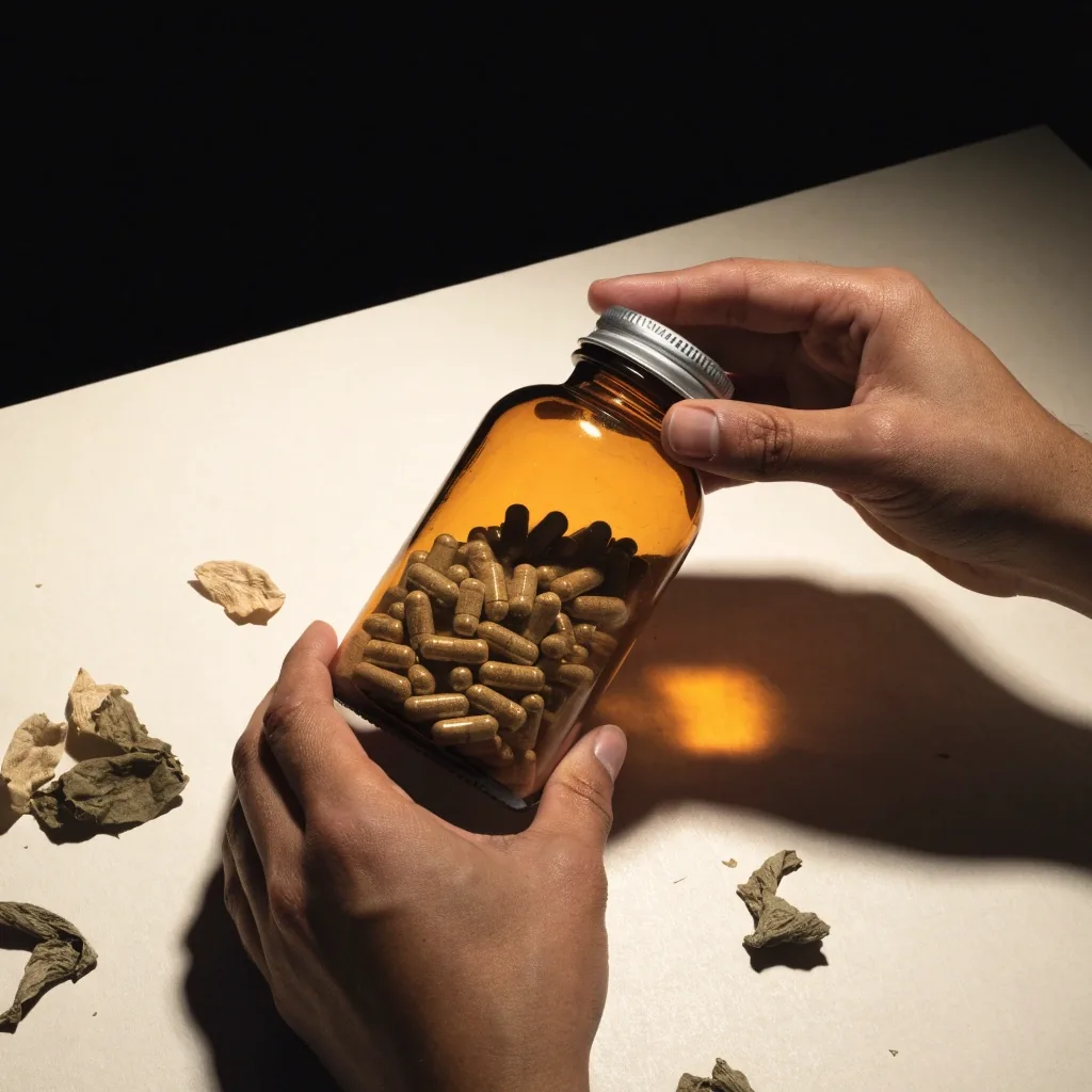 Two hands turning an unlabelled bottle toward the lamplight over a paper surface