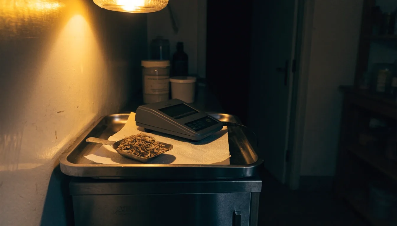 Weighing bench at the back of a supplement supplier after closing, with a scale, tray and folded paper under a warm lamp