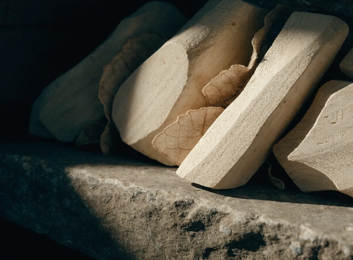 Pale shaved herbal root and dried slices resting on a weathered stone slab
