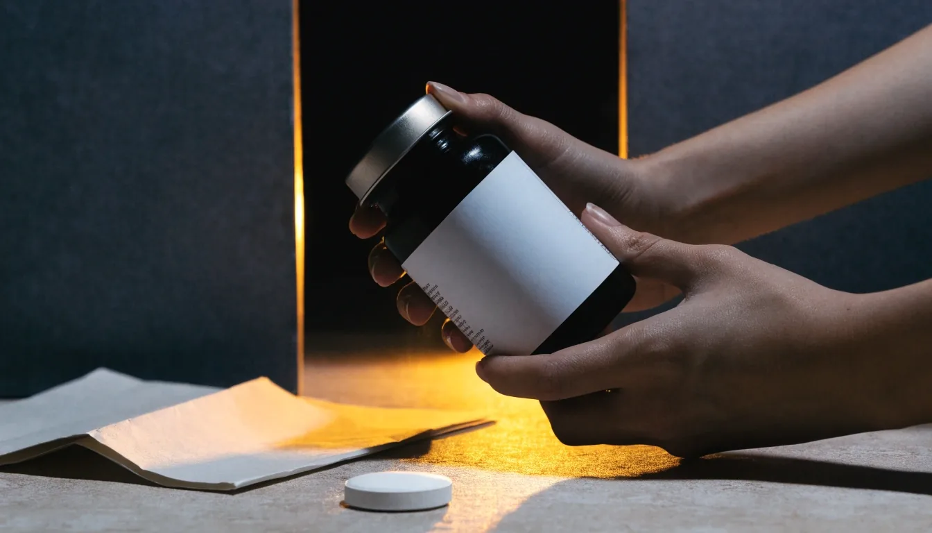 Two hands tilting an unlabelled supplement bottle toward the light beside a folded sheet and a tablet on a dark counter