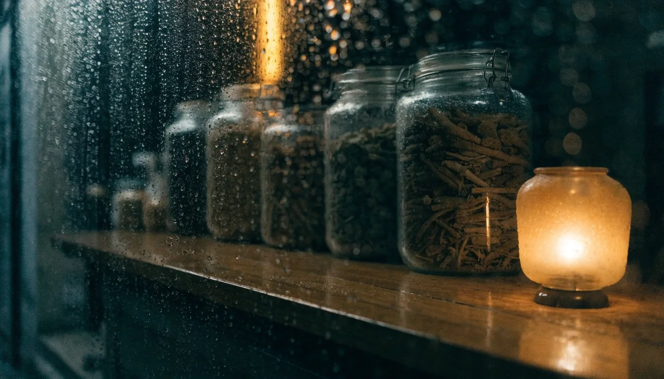 A rain-streaked shop window at night with an unlabelled bottle, a desk lamp and folded paper on the sill