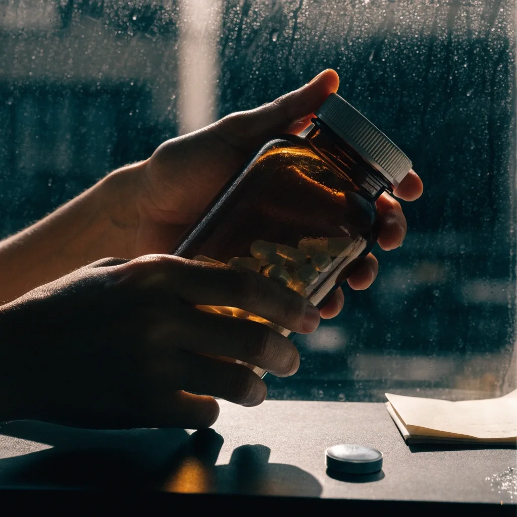 Two hands turning a plain bottle toward a side light over a dark slab with a tablet and folded paper
