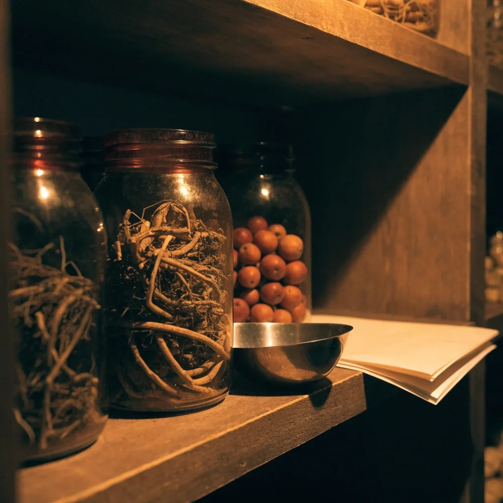 A pharmacy back-room counter with a stainless tray, small scale, and scoop on folded paper