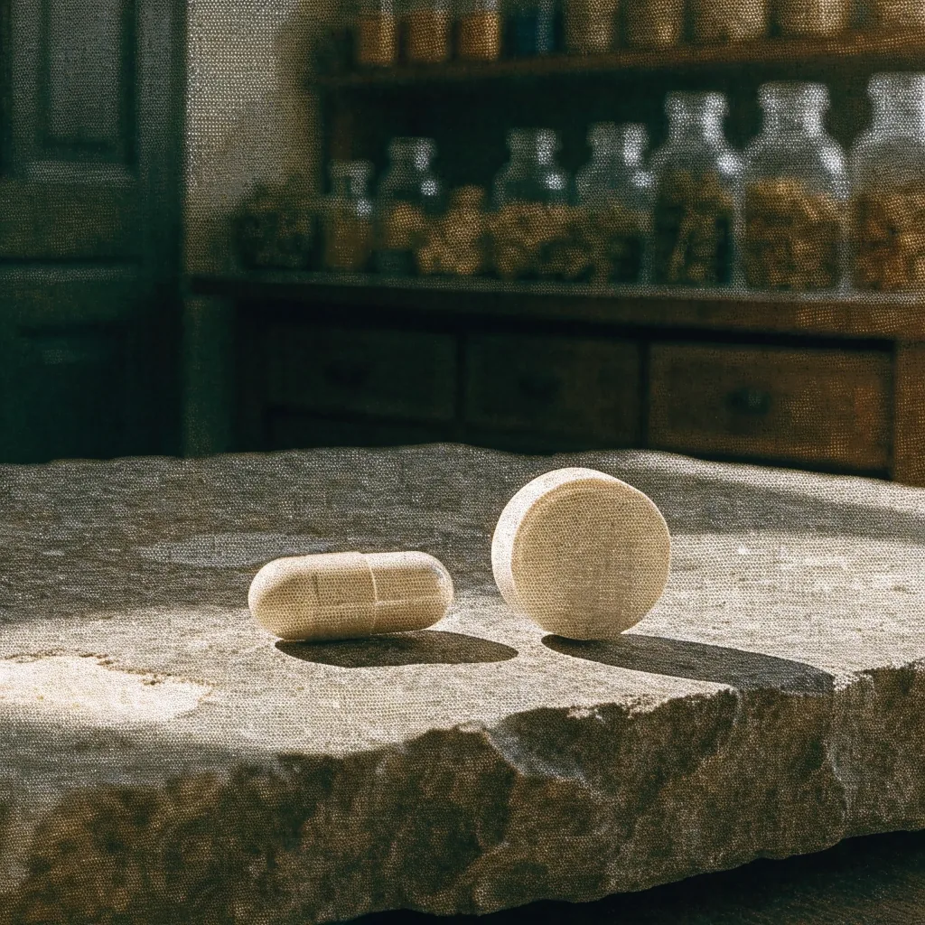 A blank capsule and tablet on a weathered stone slab under raking side light