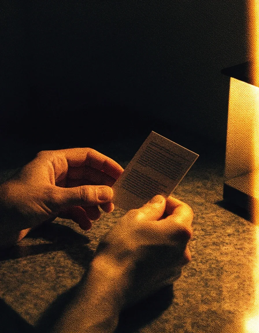 Hands turning a blank cream information card toward a lamp on a dark counter