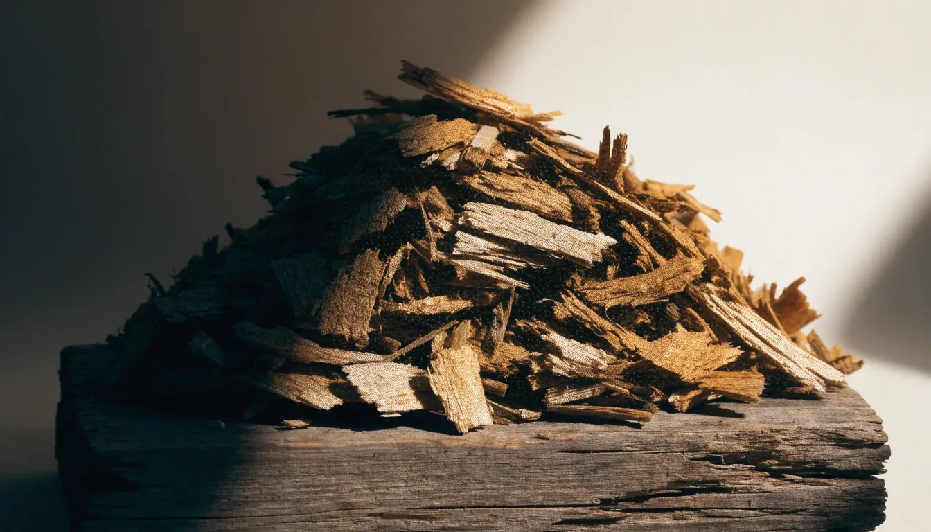 Heap of Eurycoma longifolia shavings on a weathered slab under a raking warm light