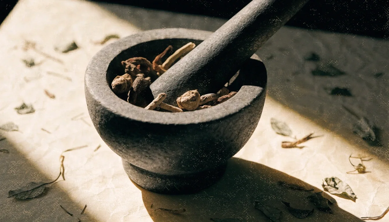 Mortar and pestle with dried botanical material on a cream paper slab beside dried leaves