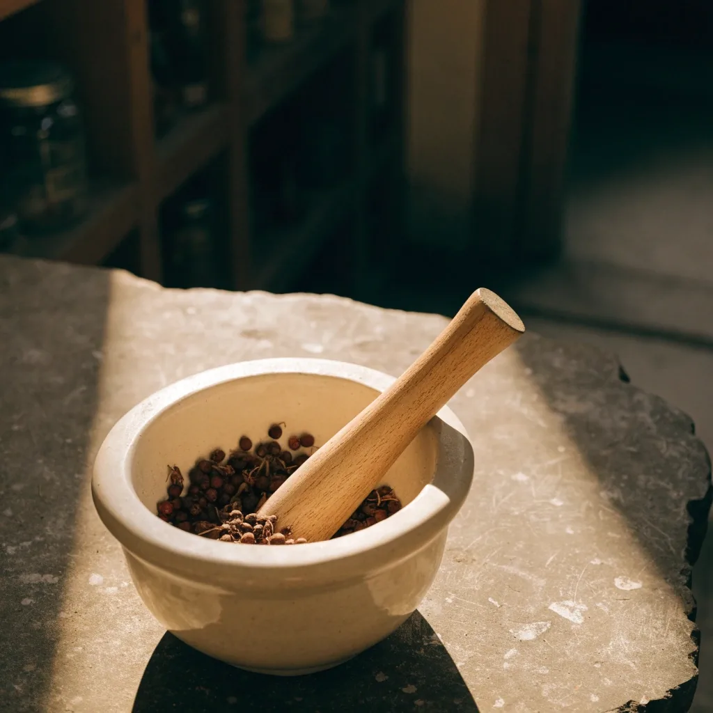 A mortar and pestle beside dried maca root pieces on a cream slab