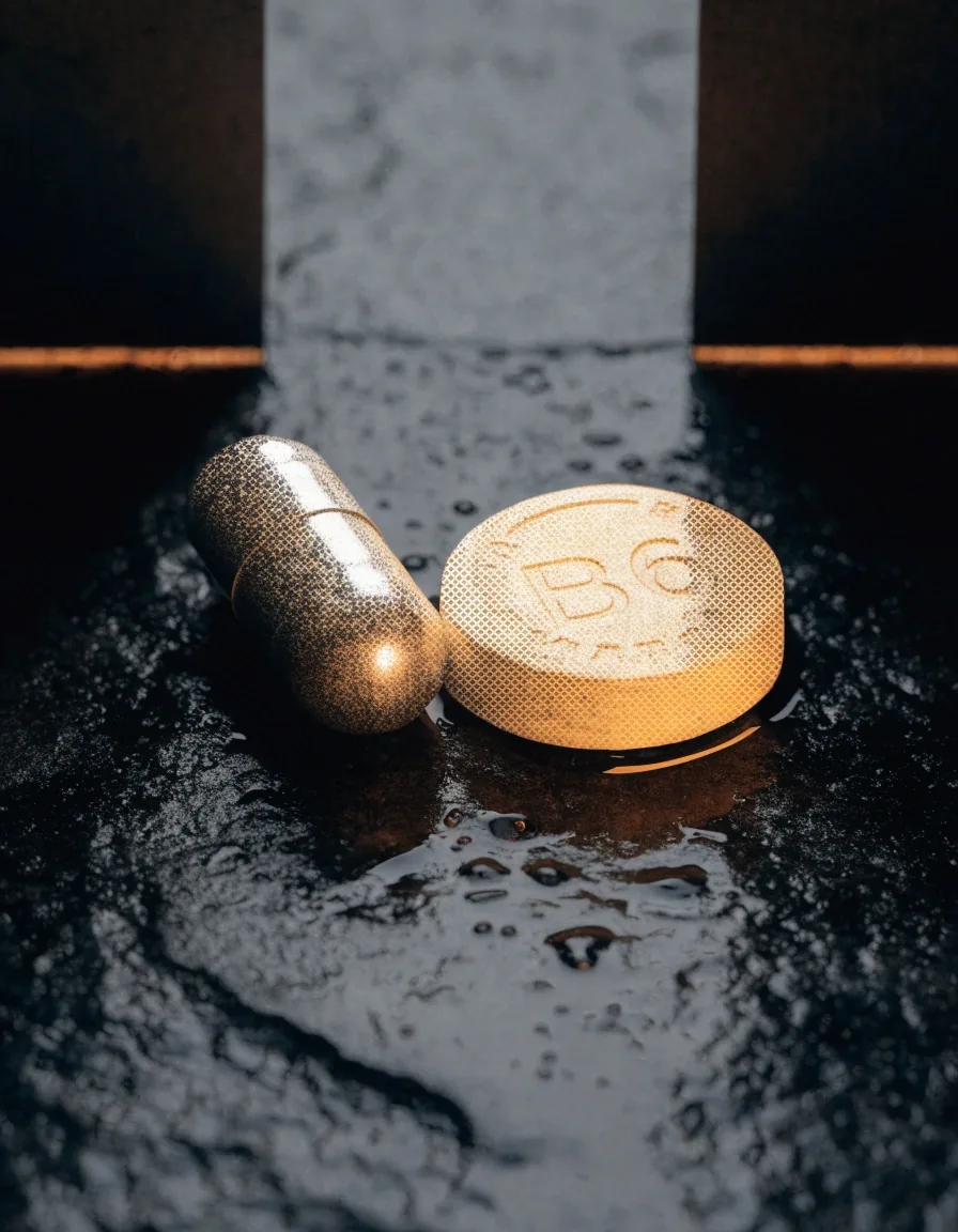 A zinc capsule and a B-vitamin tablet on wet dark stone under a narrow band of light