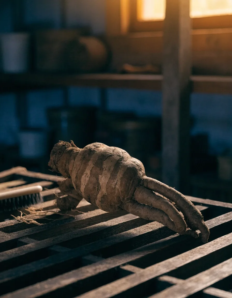 A whole Panax ginseng root on a weathered slab under a raking side light