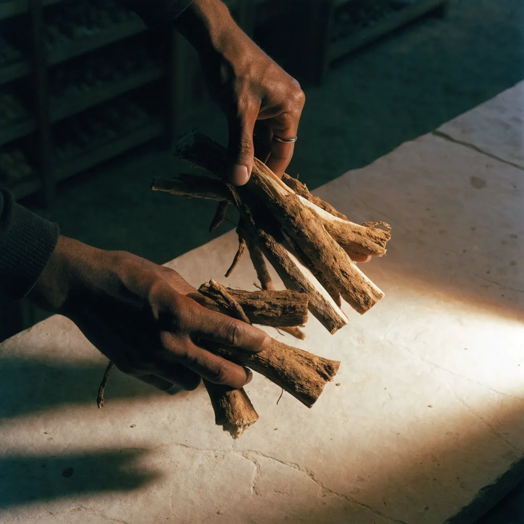 Dried pasak bumi root slices piled across a broad cream slab on a counter