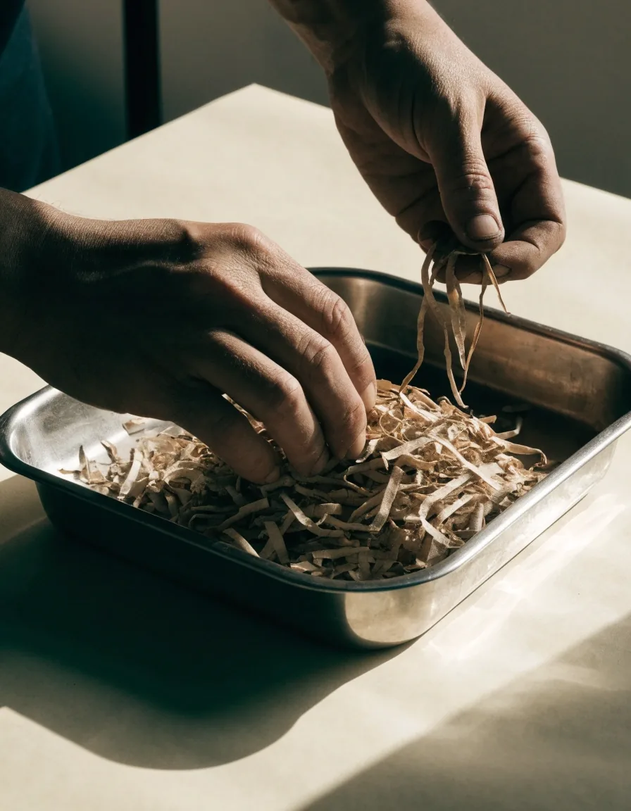 Dried pasak bumi root shavings heaped in a stainless tray on cream paper