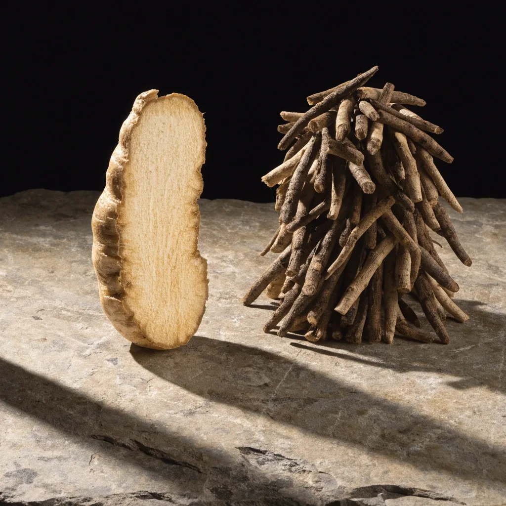 Ginseng root and pasak bumi shavings on a cream slab under a warm side light, pharmacy shelves out of focus behind