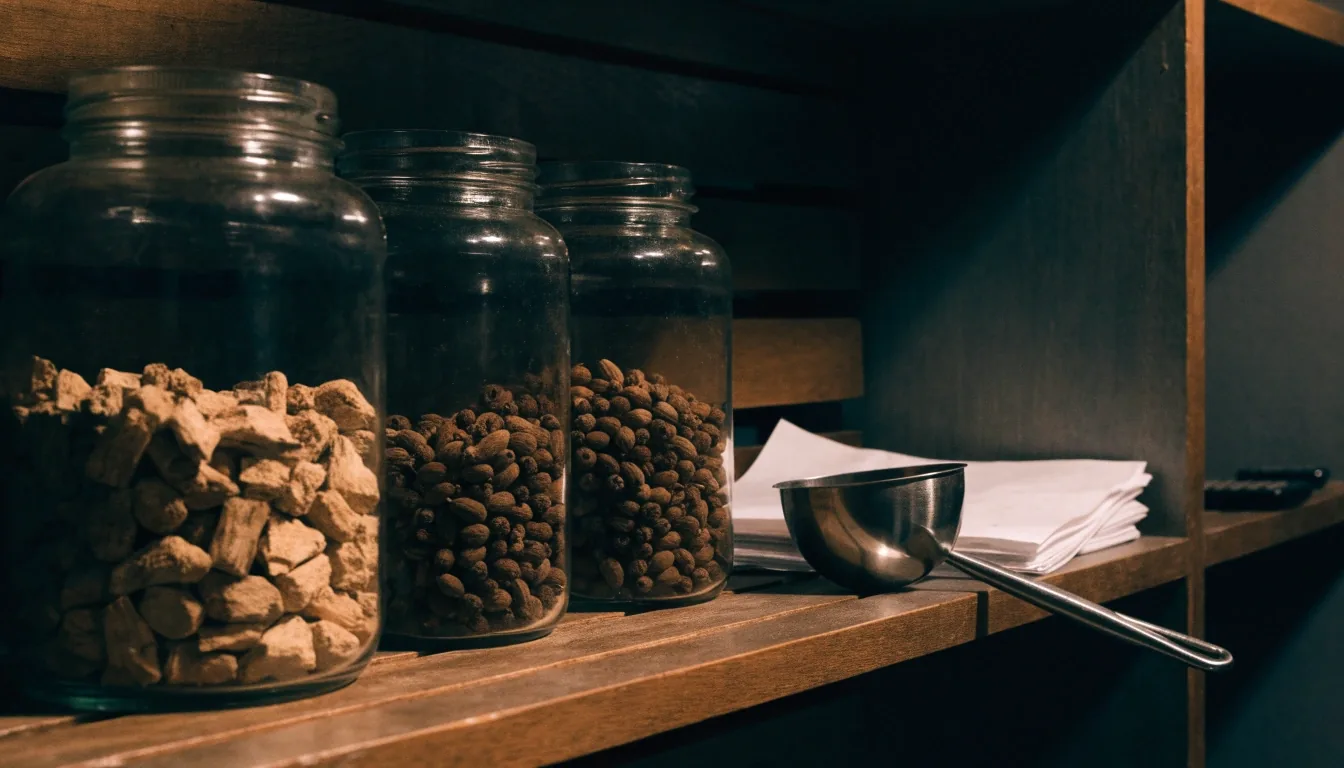 Dim back-room counter at night with a steel tray, scale and scoop resting on folded paper