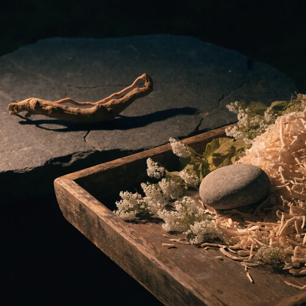 Dried pasak bumi root shavings heaped on a stone slab beside a mortar