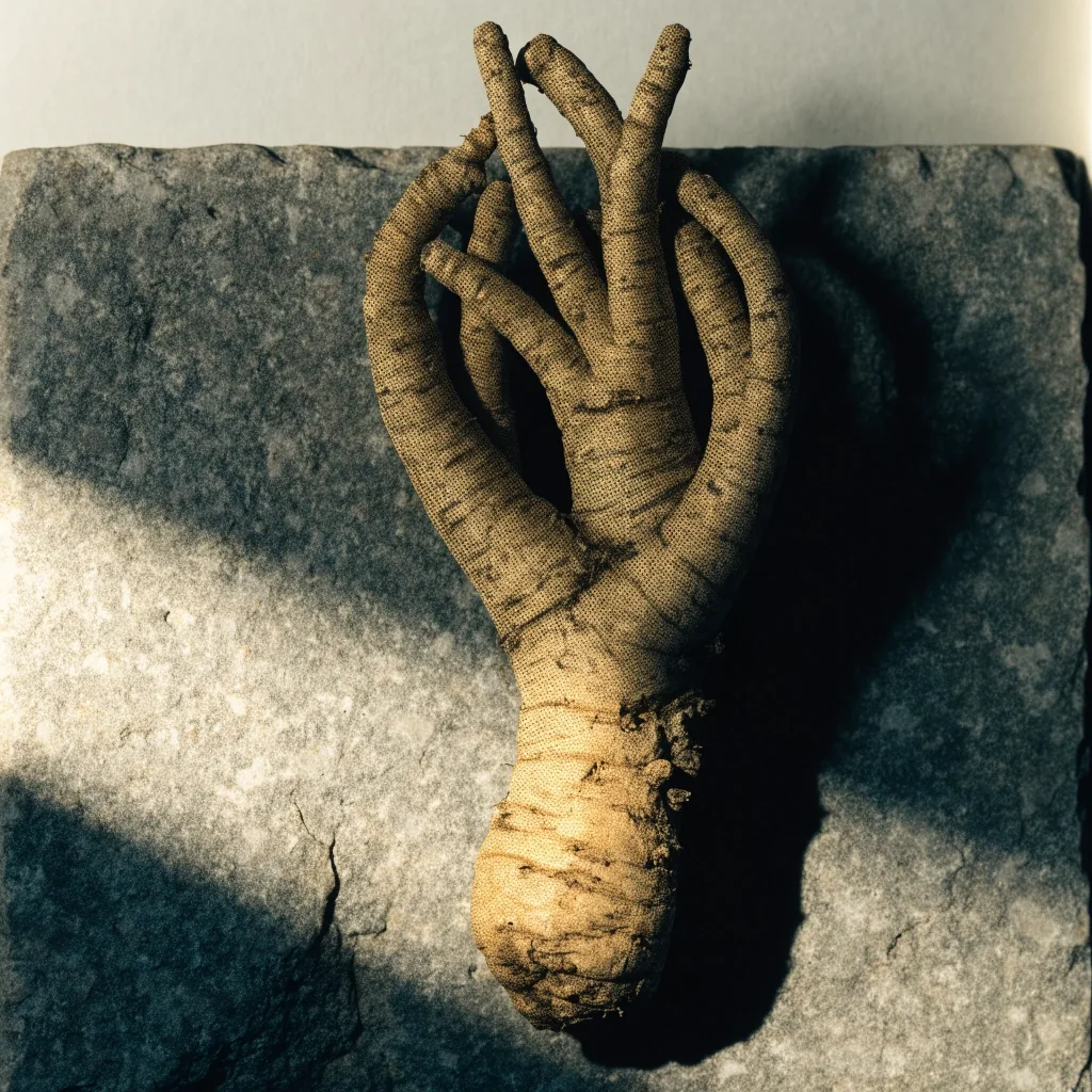 Halftone-screened whole ginseng root on a weathered slab under hard side light