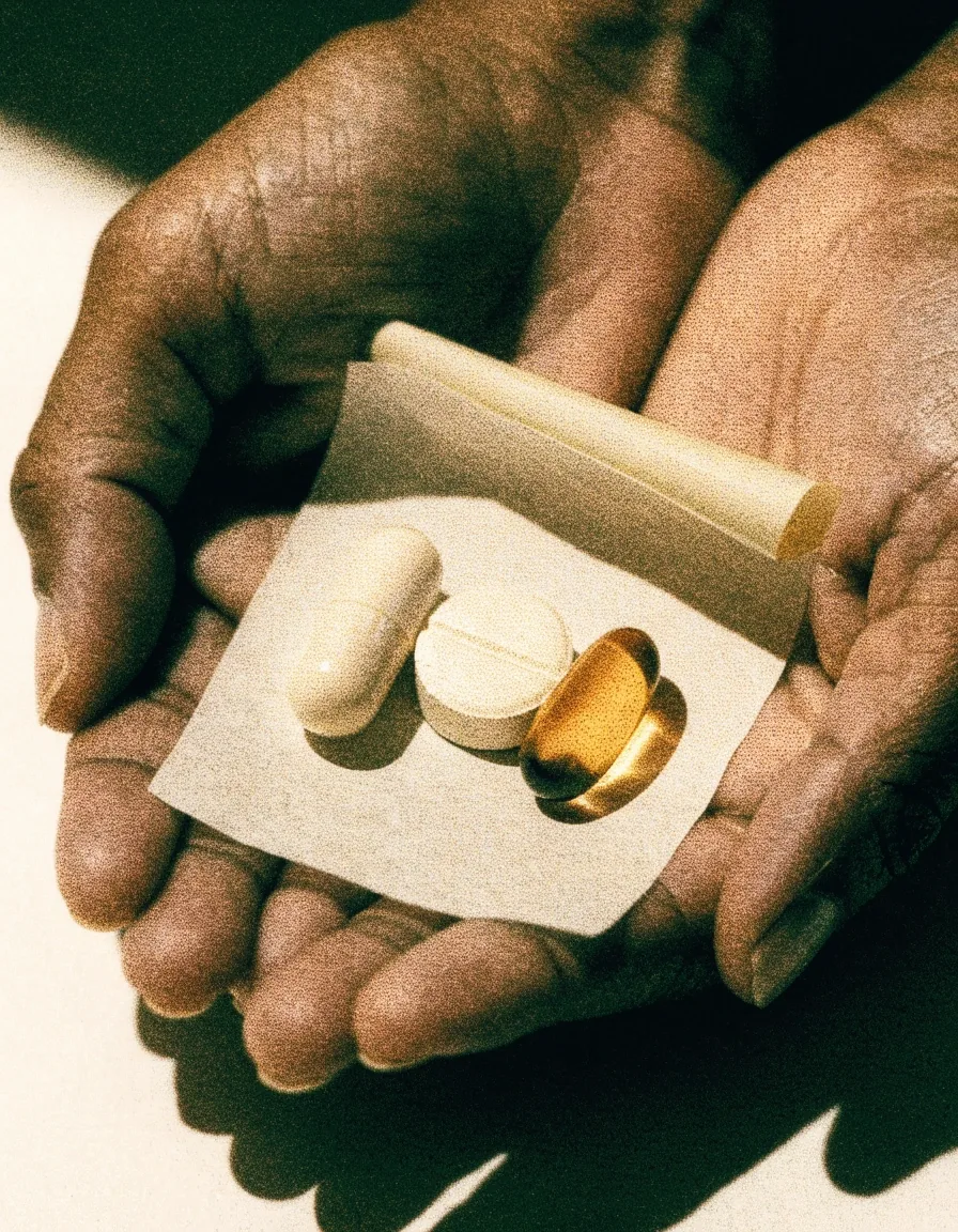 Hands holding an unlabelled capsule, tablet and softgel over cream paper