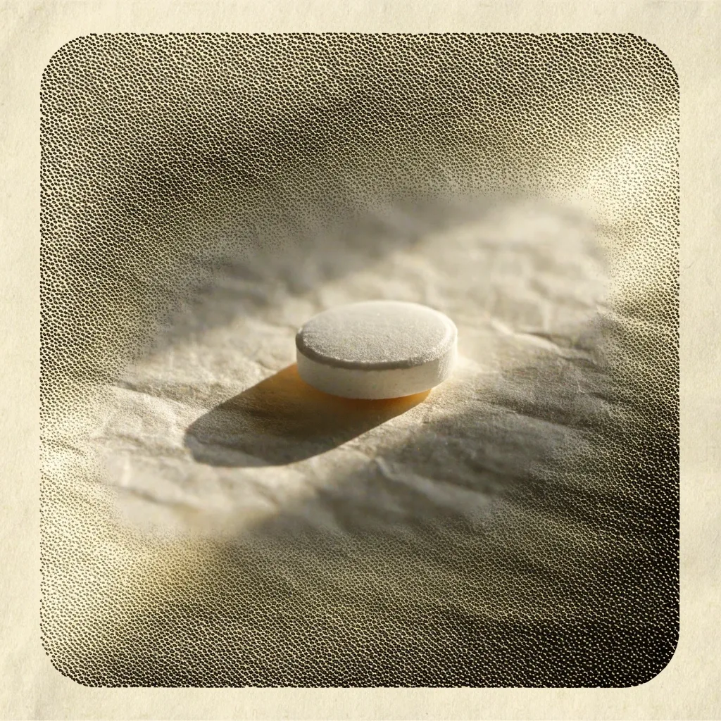 Macro of an unlabelled multivitamin tablet on cream paper under raking side light
