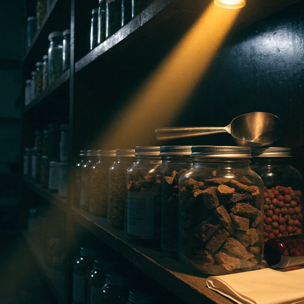 Rain-streaked pharmacy counter at night with an unlabelled amber bottle and a slab on the wet sill