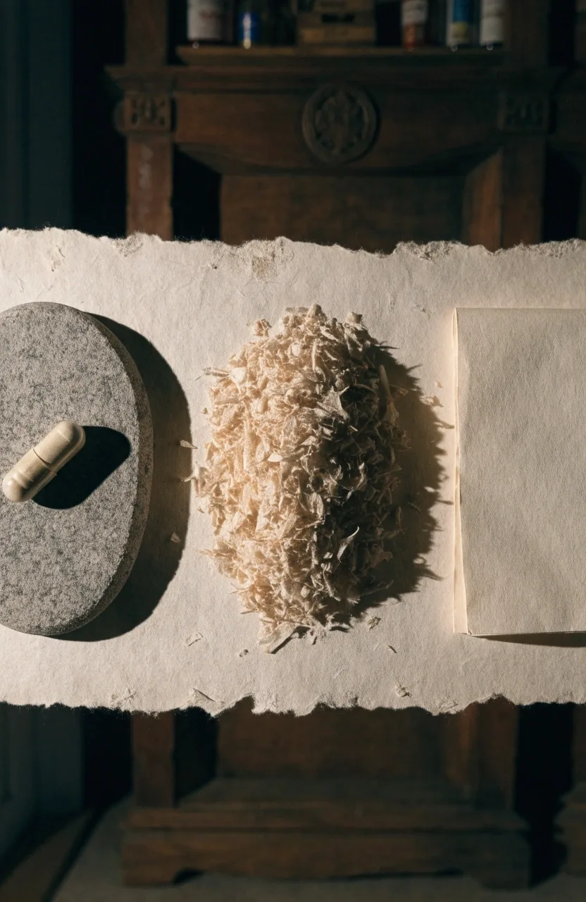 Three specimen panels on cream paper showing a capsule on a slab, pasak bumi shavings and a folded blank sheet